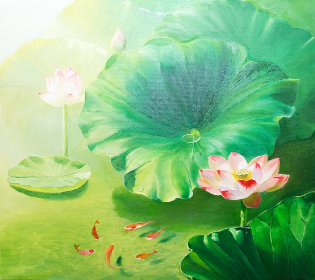 Tranh Sơn Dầu Sen Và Cá